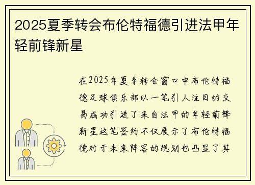 2025夏季转会布伦特福德引进法甲年轻前锋新星 2025夏季转会布伦特福德引进法甲年轻前锋新星